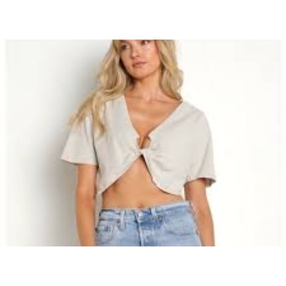 Joah Brown Twist Crop Cotton Tee In Fog Size M/L